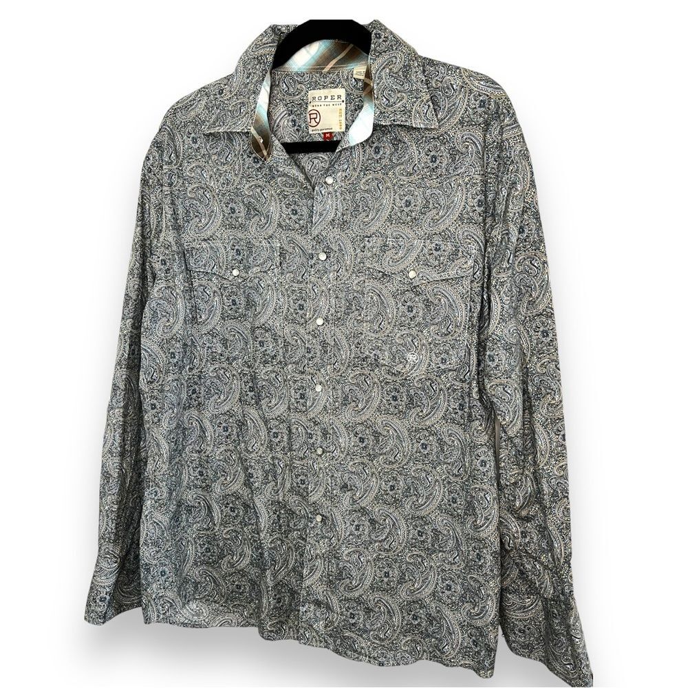 Roper Mens Shirt Pearl Snap Front Paisley Print Long Sleeve Western Gray Sz Med
